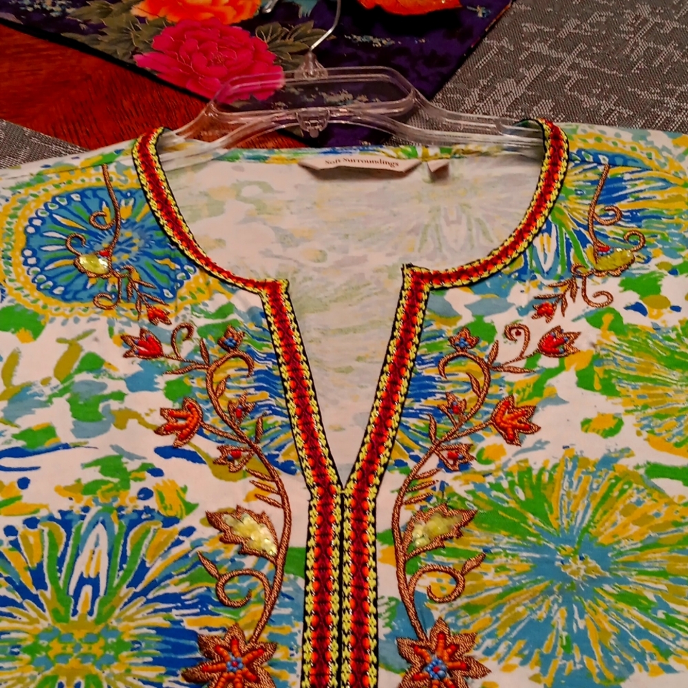 Soft Surroundings Top, Beaded,  brocade sleeve cuffs, stunning colors. S…